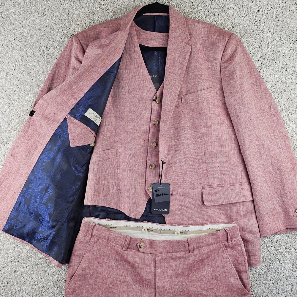 Studiosuits 3 Piece Suit Pink Tolomeo Linen Handcrafted Made In Italy Sz 42R NWT